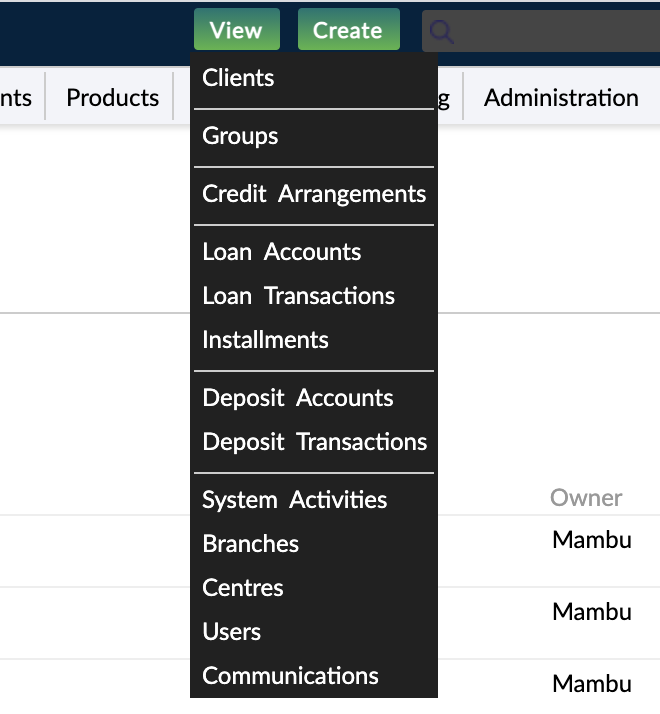 The View menu and the list of entities